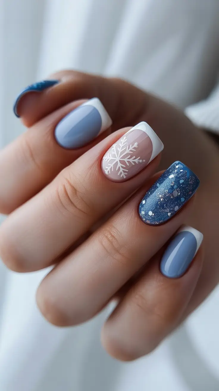 Chic Winter Nail ideas 2025-2026 - Blue Mix French - Soft Tips, Sparkle Accent, Single Flake