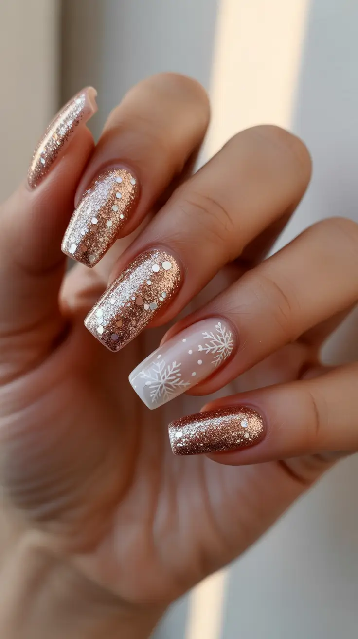 Chic Winter Nail ideas 2025-2026 - Rose-Gold Sparkle With Milky Snowflake Feature