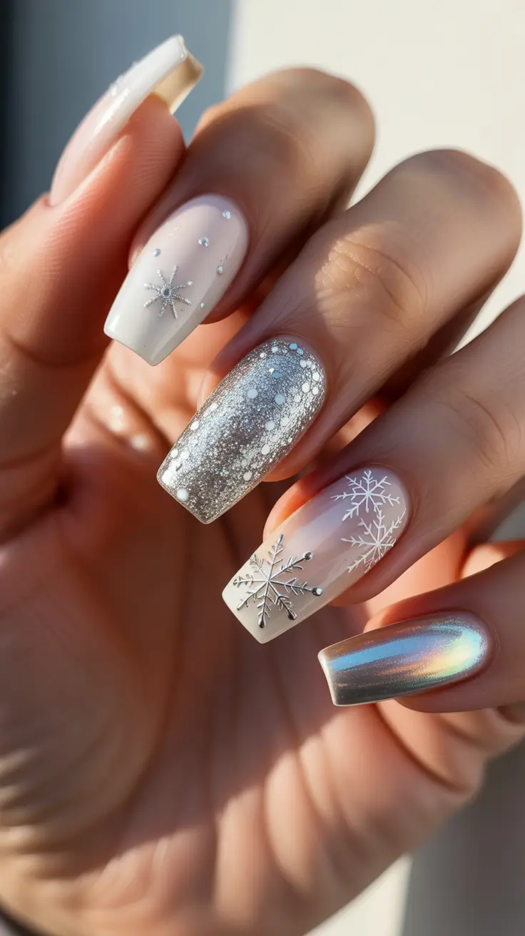 Chic Winter Nail ideas 2025-2026 - Snowflake Chrome Squares