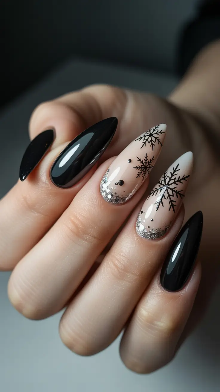 Chic Winter Nail ideas 2025-2026 - Black Almond With Negative-Space Flakes and Silver Halo