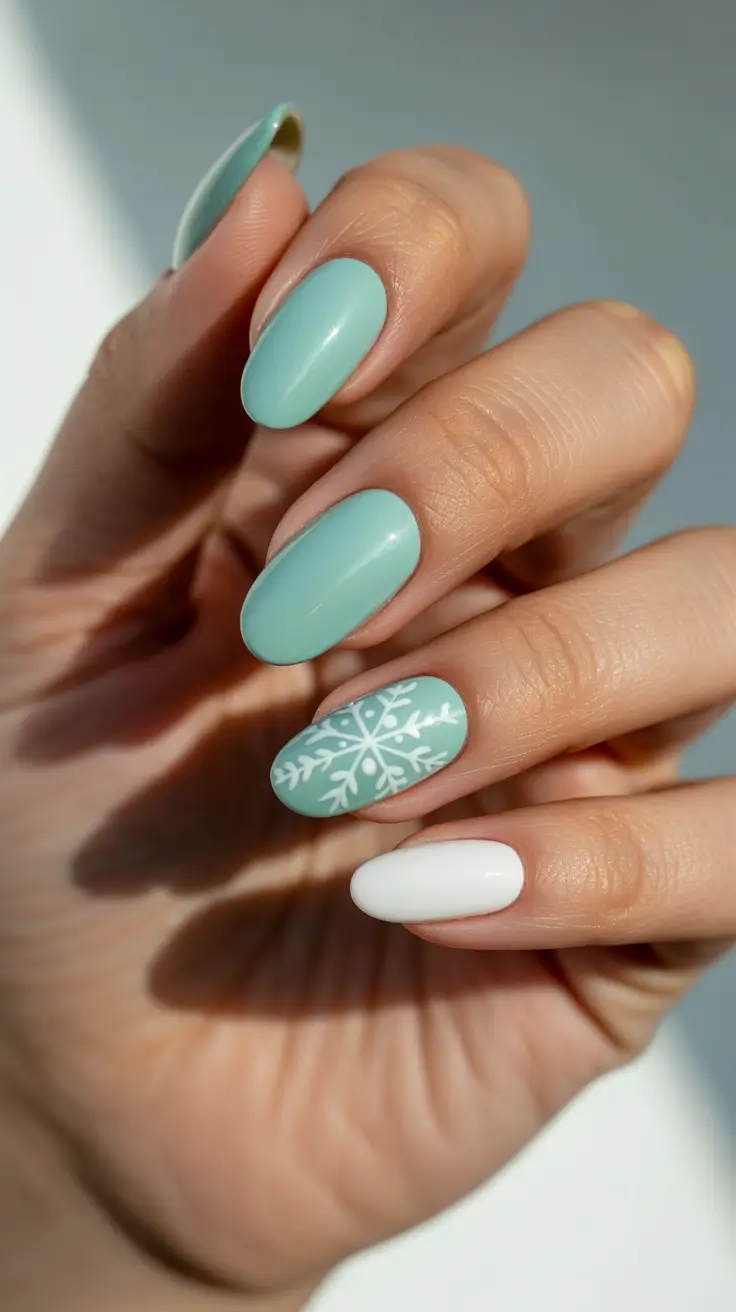 Chic Winter Nail ideas 2025-2026 - Minty Alpine Almond With Chalk-White Accent