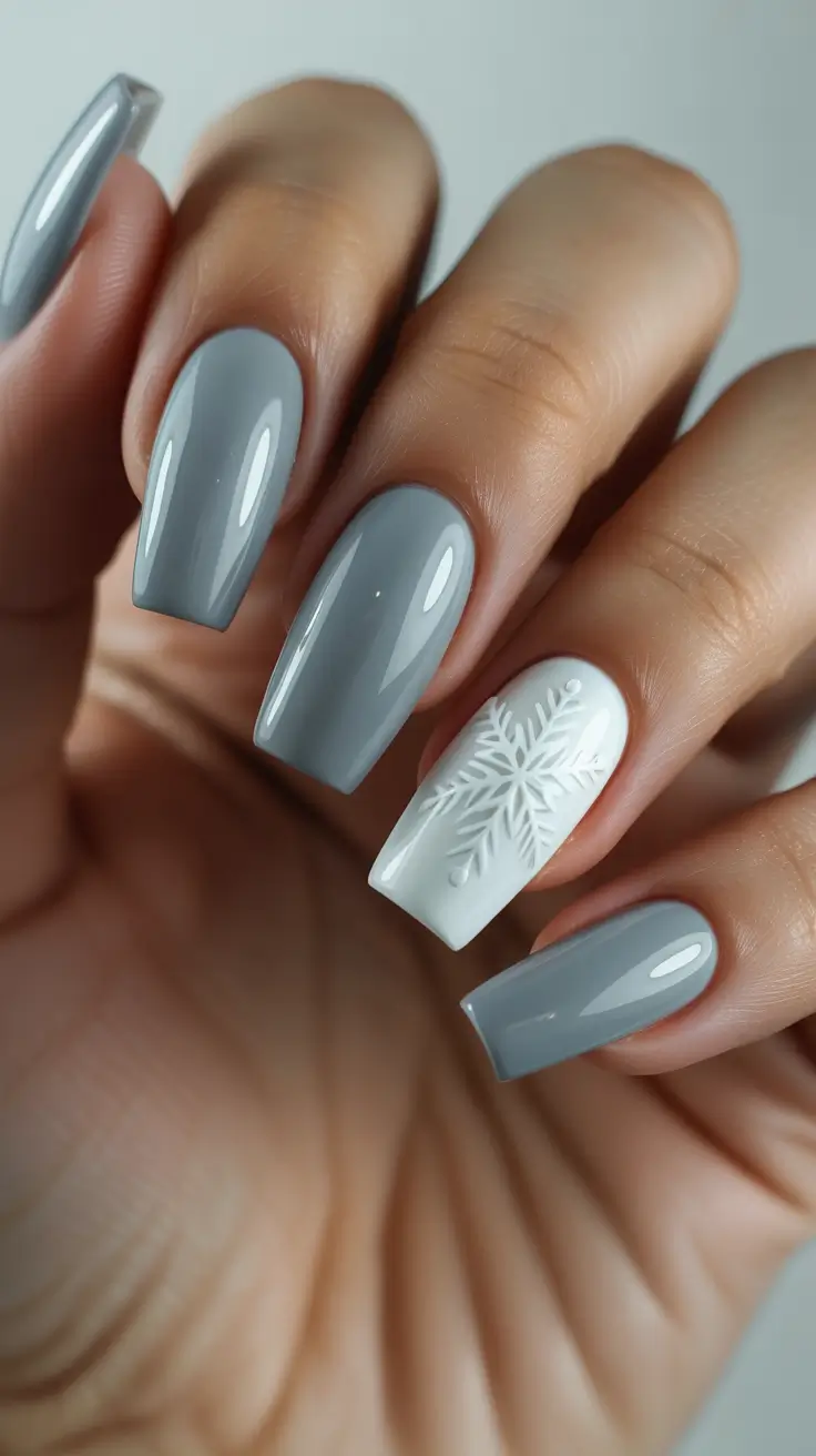 Chic Winter Nail ideas 2025-2026 - Storm-Gray Shorties with Single Snowflake