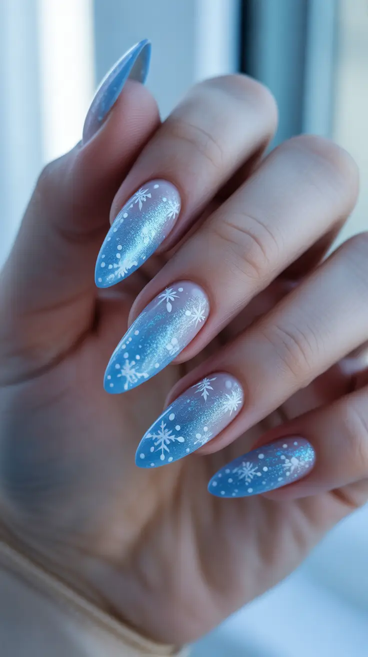 Chic Winter Nail ideas 2025-2026 - Bluebird Sky Glitter Fade on Almond