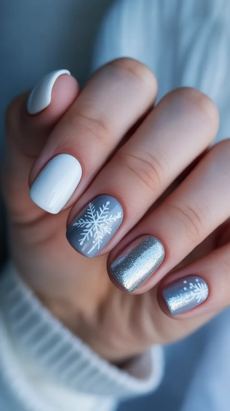 Chic Winter Nail ideas 2025-2026 - Cozy Mix: White, Gray & Chrome on Short Square