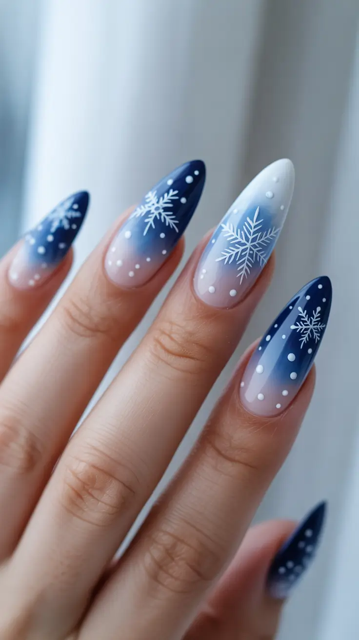 Chic Winter Nail ideas 2025-2026 - Blue-White Ombre Snowflake Almond
