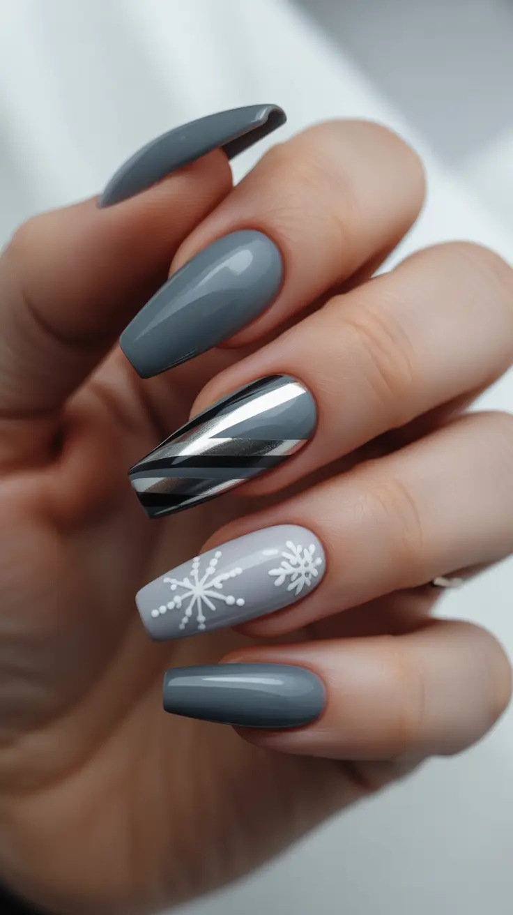 Chic Winter Nail ideas 2025-2026 - Stormy Grey With Chrome Chevrons and Minimal Snowflakes
