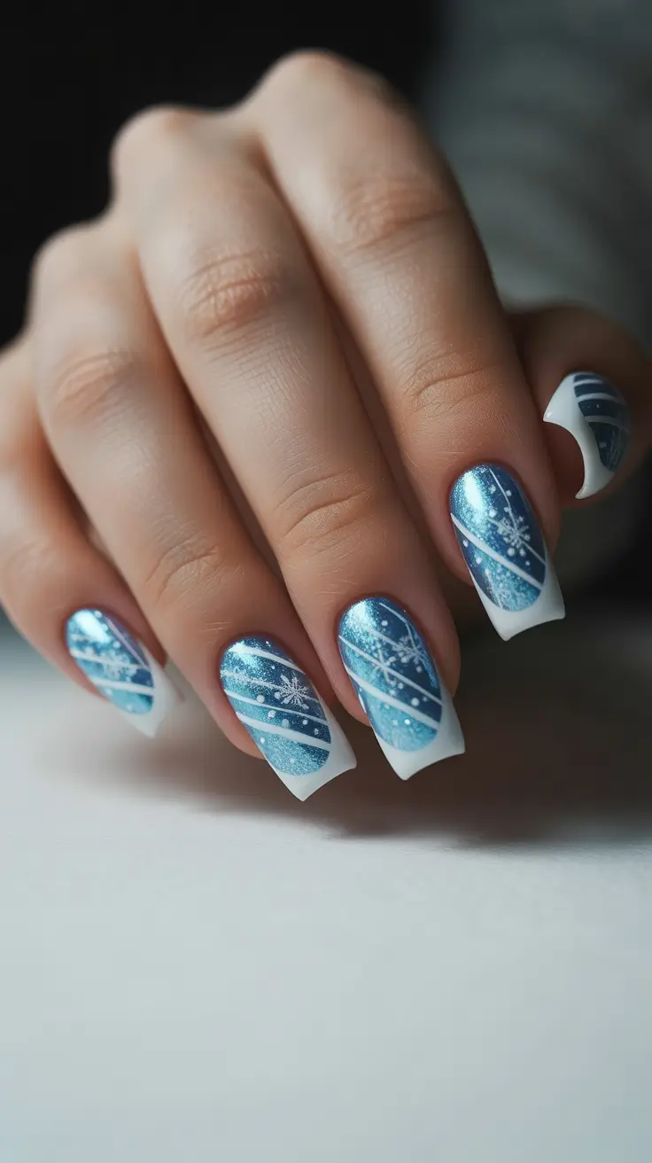 Chic Winter Nail ideas 2025-2026 - Icy Blue French With Diagonal Stripes and Snowflakes