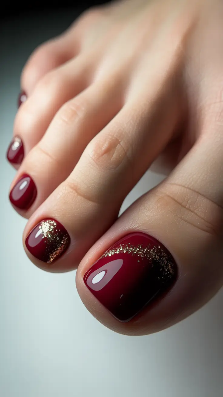 Best Winter Toe Nails 2025-2026 Garnet Glow With Gold Veil