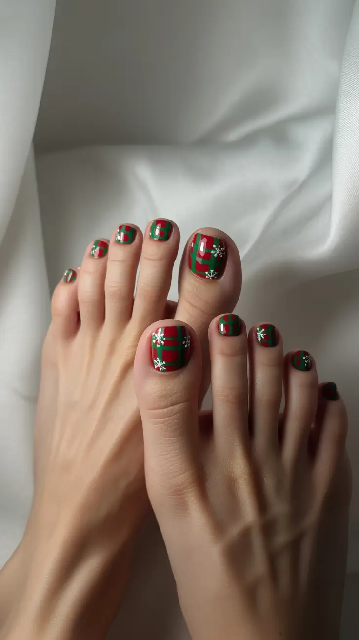 Plaid With Snow-Kiss Accents. Best Winter Toe Nails 2025-2026.