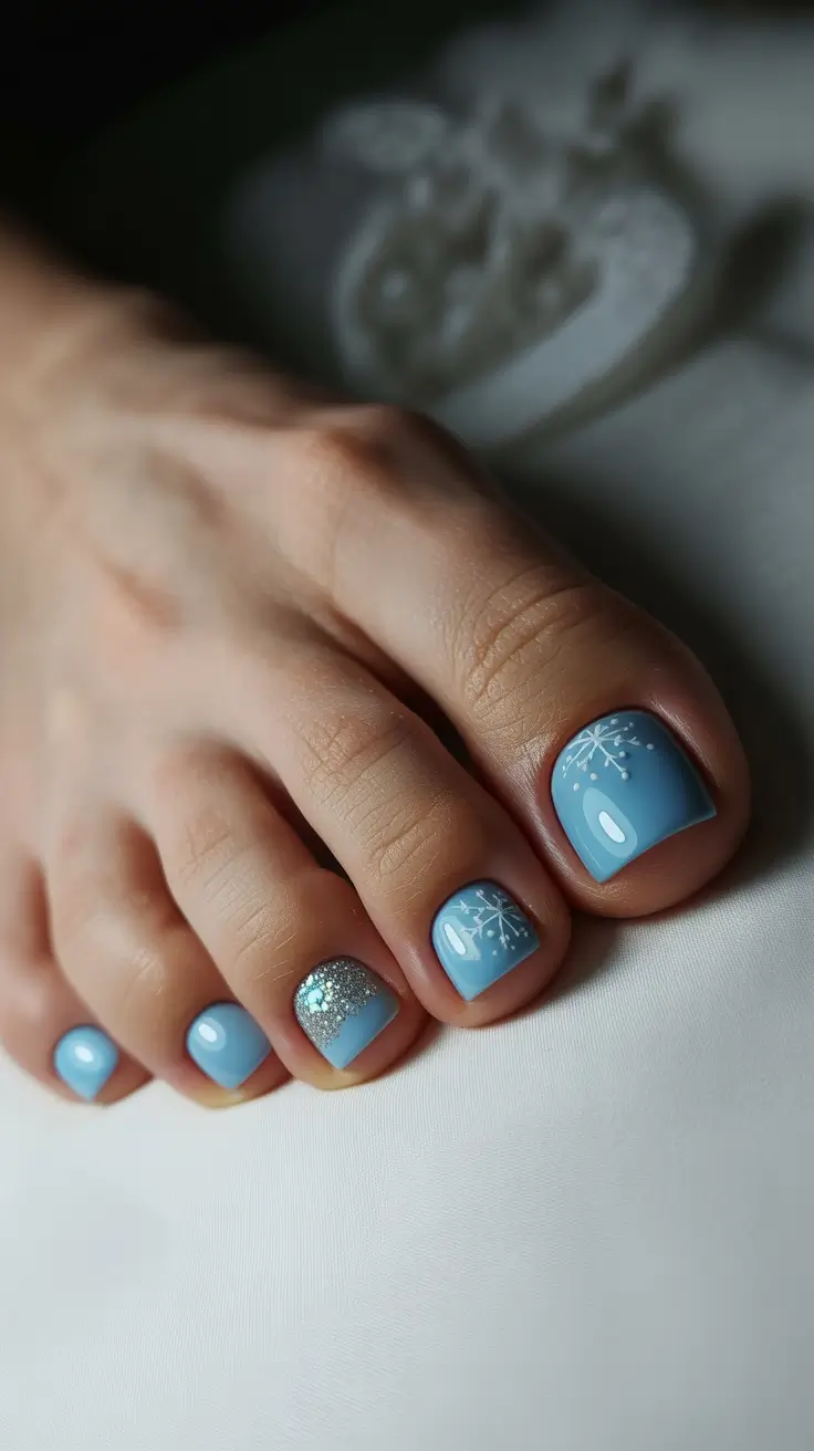 Best Winter Toe Nails 2025-2026. Frosted Sky Blue Snowflake Pedi.