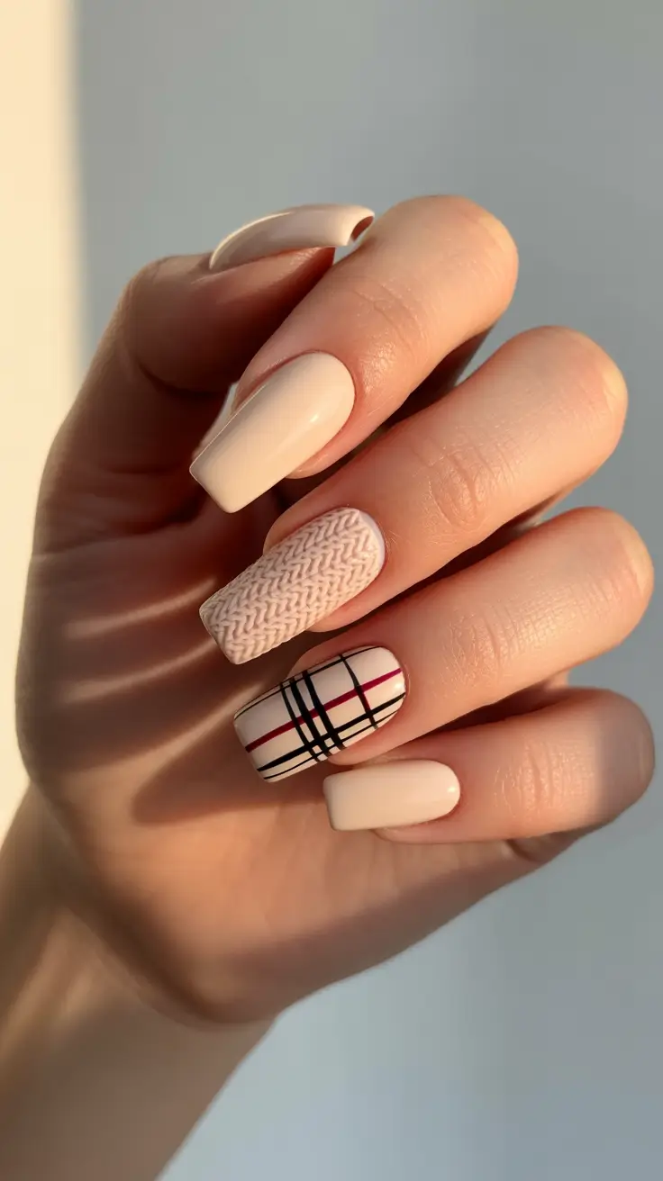 Best Winter Sweater Nail Ideas 2025-2026 - Creamy Knit With Heritage Plaid Accent