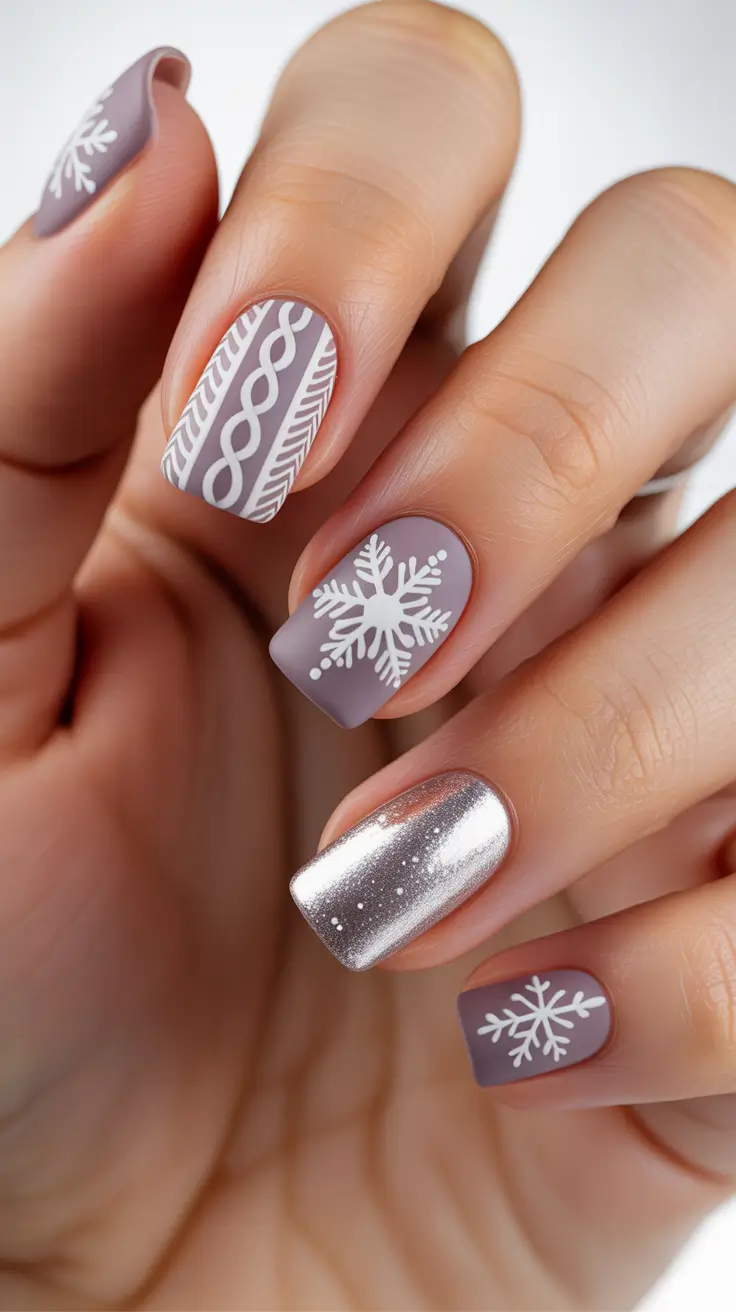 Best Winter Sweater Nail Ideas 2025-2026 - Muted Mauve With Knit Motifs and Chrome Glow