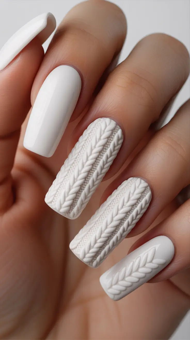 Best Winter Sweater Nail Ideas 2025-2026 - Snow-White Cable Coffin With High-Gloss Shine