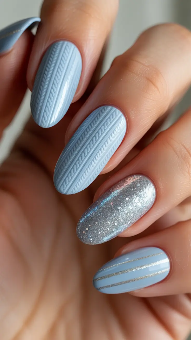 Best Winter Sweater Nail Ideas 2025-2026 - Icy Light-Blue Knit With Silver Stardust