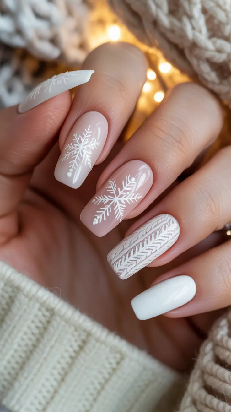 Best Winter Sweater Nail Ideas 2025-2026 - Soft Pink Snowflakes With Knit Accent