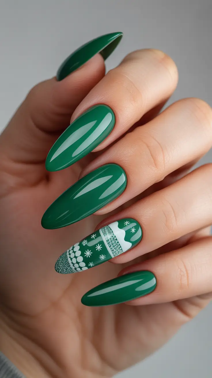 Best Winter Sweater Nail Ideas 2025-2026 - Evergreen Almond With Nordic Motifs