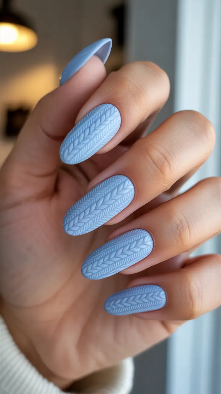 Best Winter Sweater Nail Ideas 2025-2026 - Powder Blue Knit Oval - All Over Texture