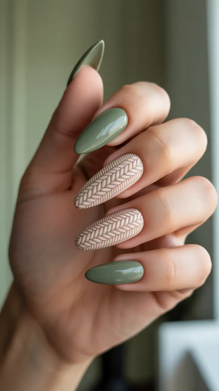 Best Winter Sweater Nail Ideas 2025-2026 - Olive Gloss With Biscotti Knit Accents