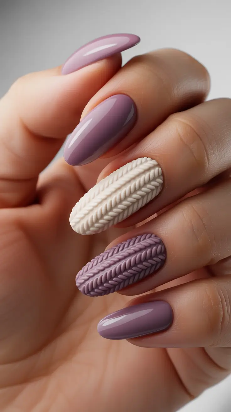 Best Winter Sweater Nail Ideas 2025-2026 - Mulberry And Cream Cable Mix