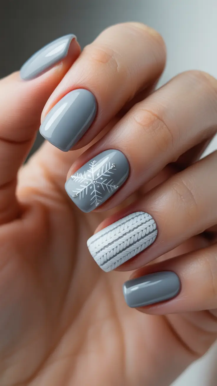 Best Winter Sweater Nail Ideas 2025-2026 - Frost Gray With Snowflake And Chunky Cable