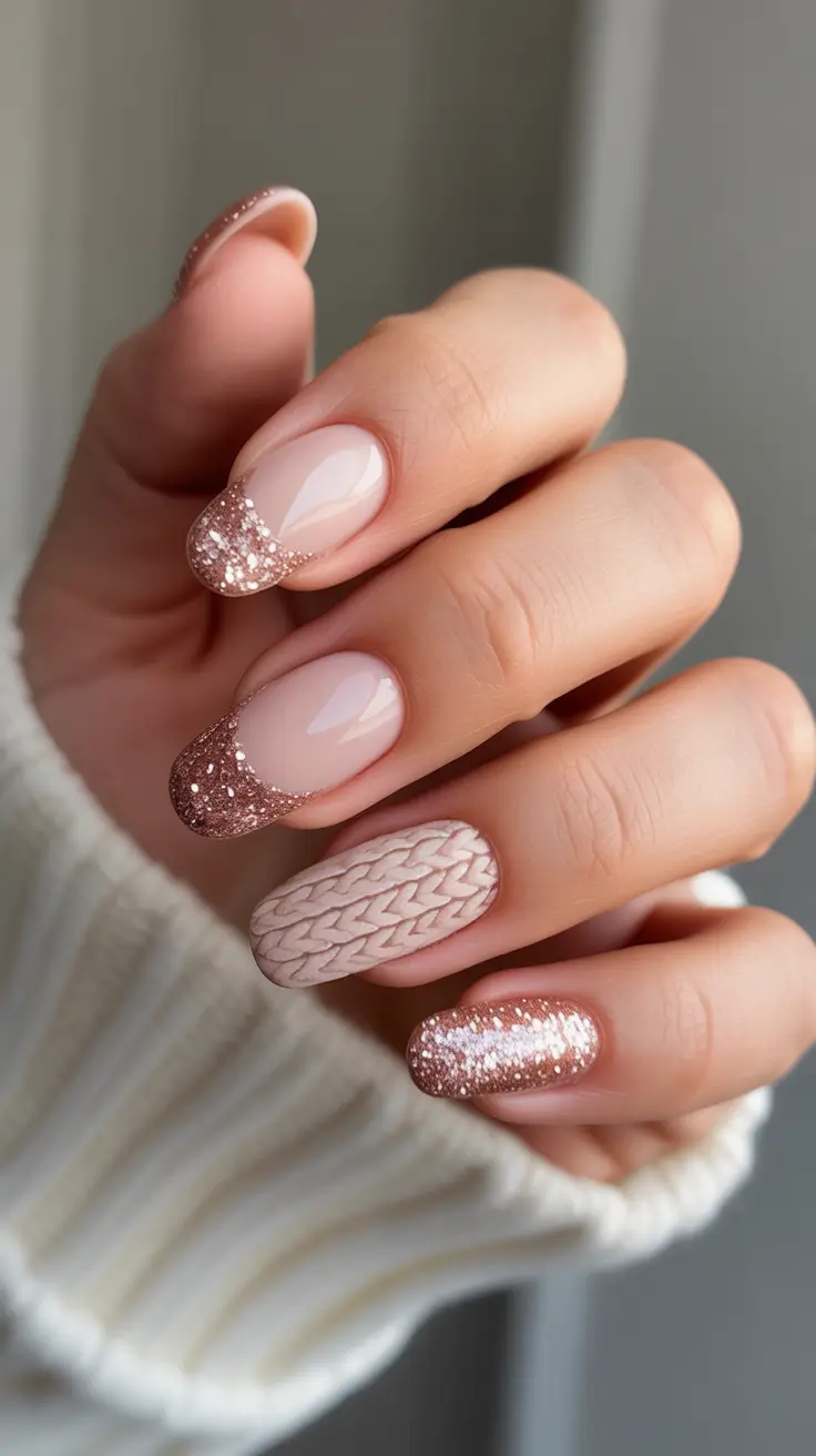 Best Winter Sweater Nail Ideas 2025-2026 - Rosy Knit French With Champagne Sparkle