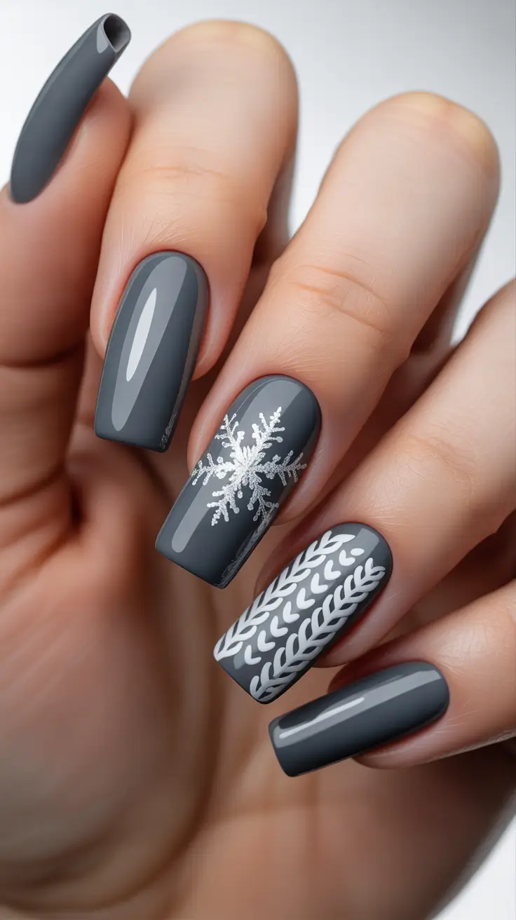 Best Winter Sweater Nail Ideas 2025-2026 - Charcoal Cable With Crisp Snowflakes