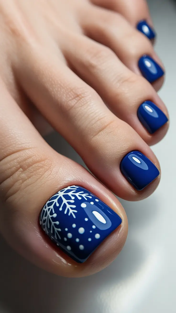 toe nails and color ideas: winter 2025 - 2026 - Midnight Snowflake Blue Pedicure