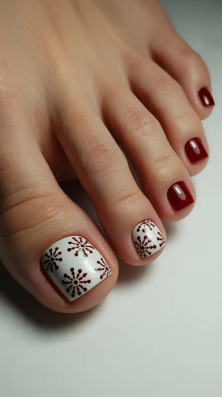 toe nails and color ideas: winter 2025 - 2026 - Burgundy Pop With Snowburst Petals
