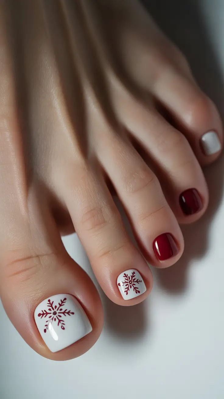 toe nails and color ideas: winter 2025 - 2026 - Nordic Red on Winter White