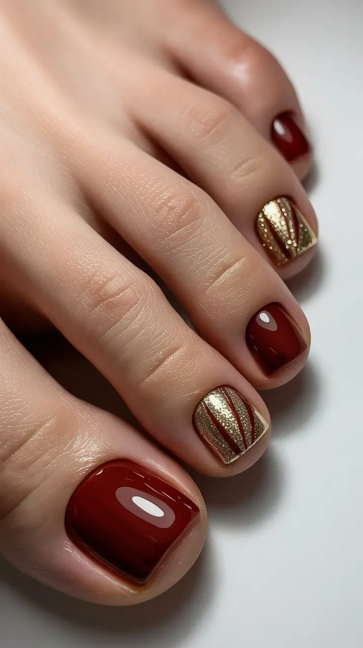 toe nails and color ideas: winter 2025 - 2026 - Gilded Art Deco Accent with Cabernet