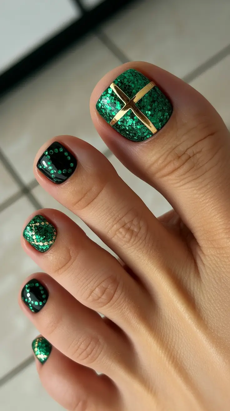 toe nails and color ideas: winter 2025 - 2026 - Emerald Gift-Box Glitter With Gold Cross