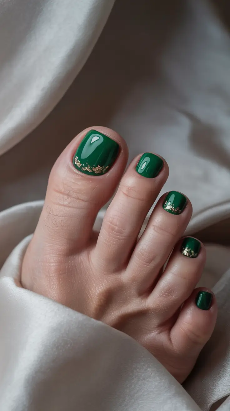 toe nails and color ideas: winter 2025 - 2026 - Forest Green With Gilded Crescent