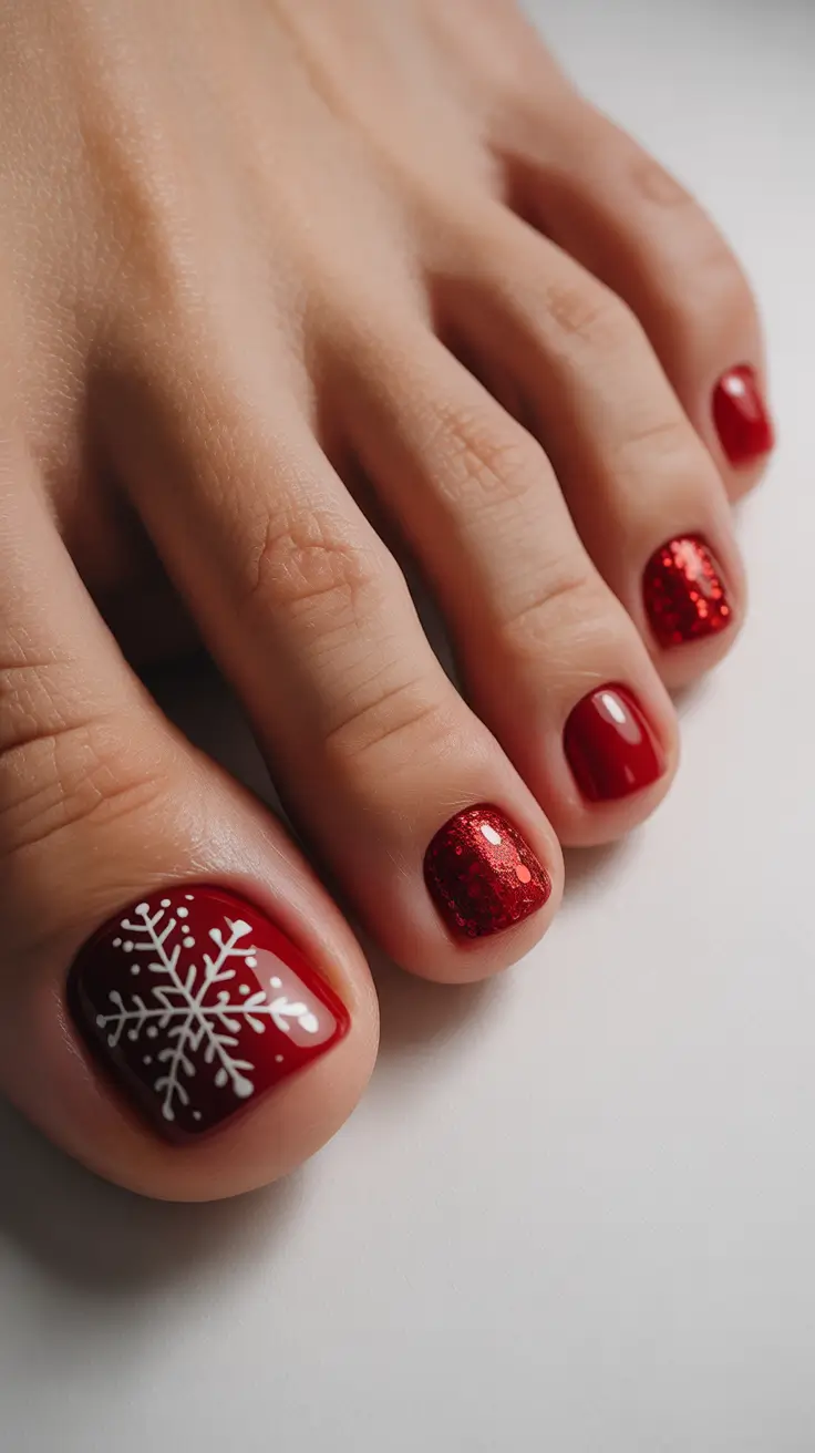 toe nails and color ideas: winter 2025 - 2026 - Cranberry Sparkle with Classic Snowflake