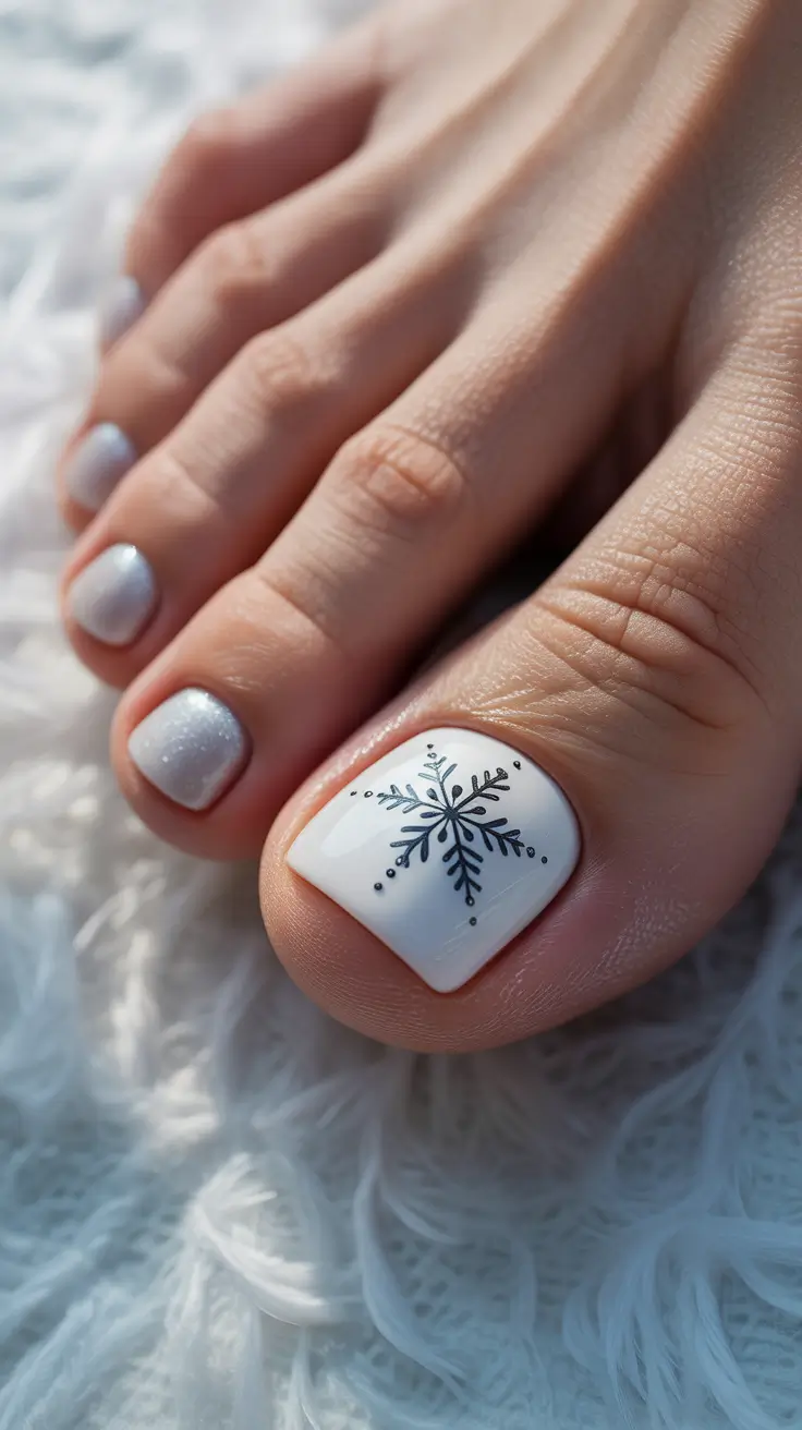 toe nails and color ideas: winter 2025 - 2026 - Icy White Minimal with Silver Sheen