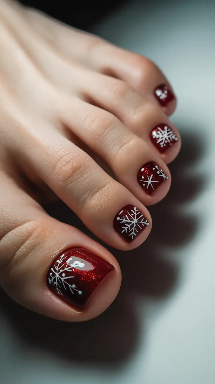 toe nails and color ideas: winter 2025 - 2026 - Garnet Snowstorm with Micro Stars