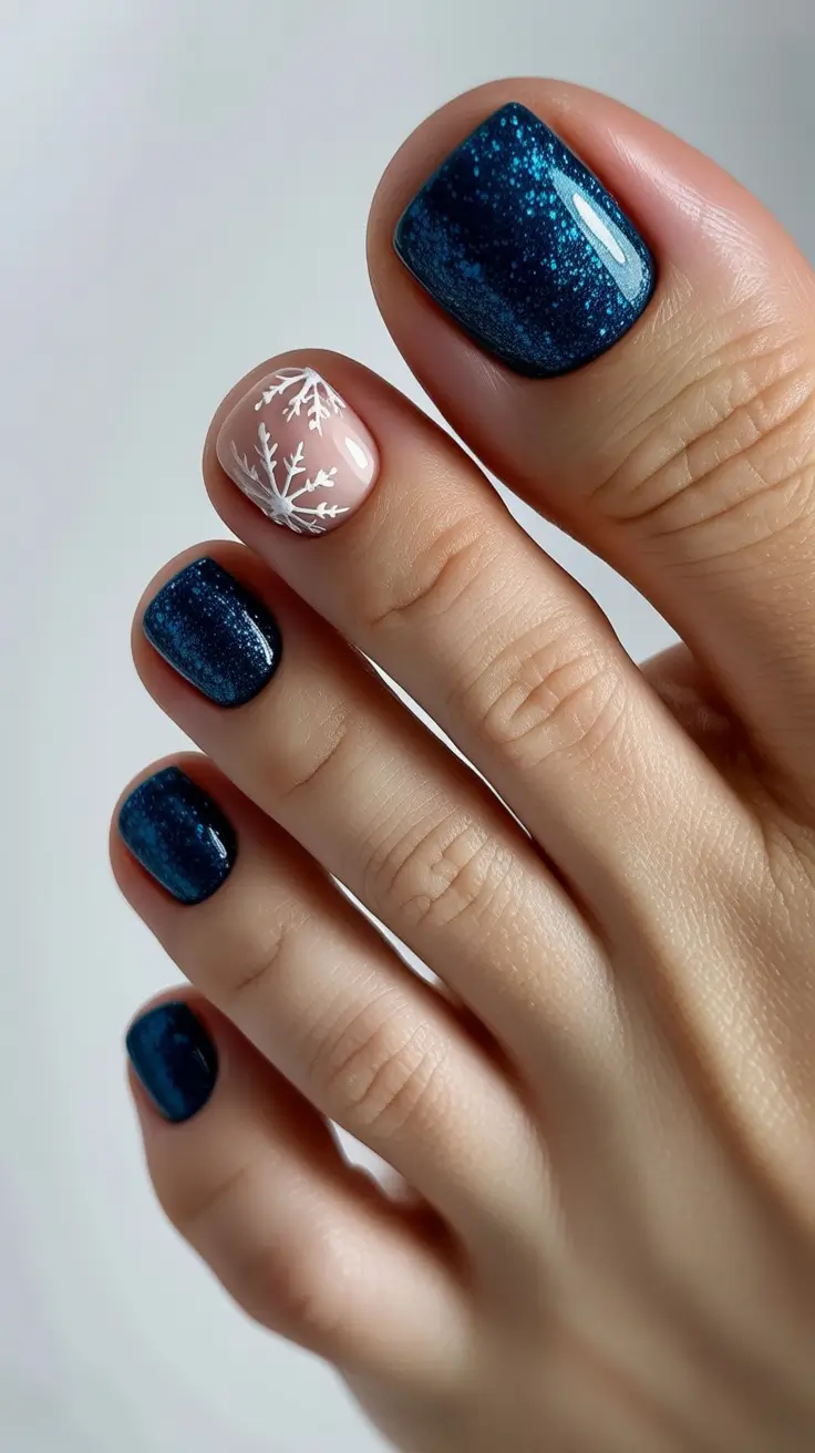 toe nails and color ideas: winter 2025 - 2026 - Galaxy Navy with Nude Frost Accent