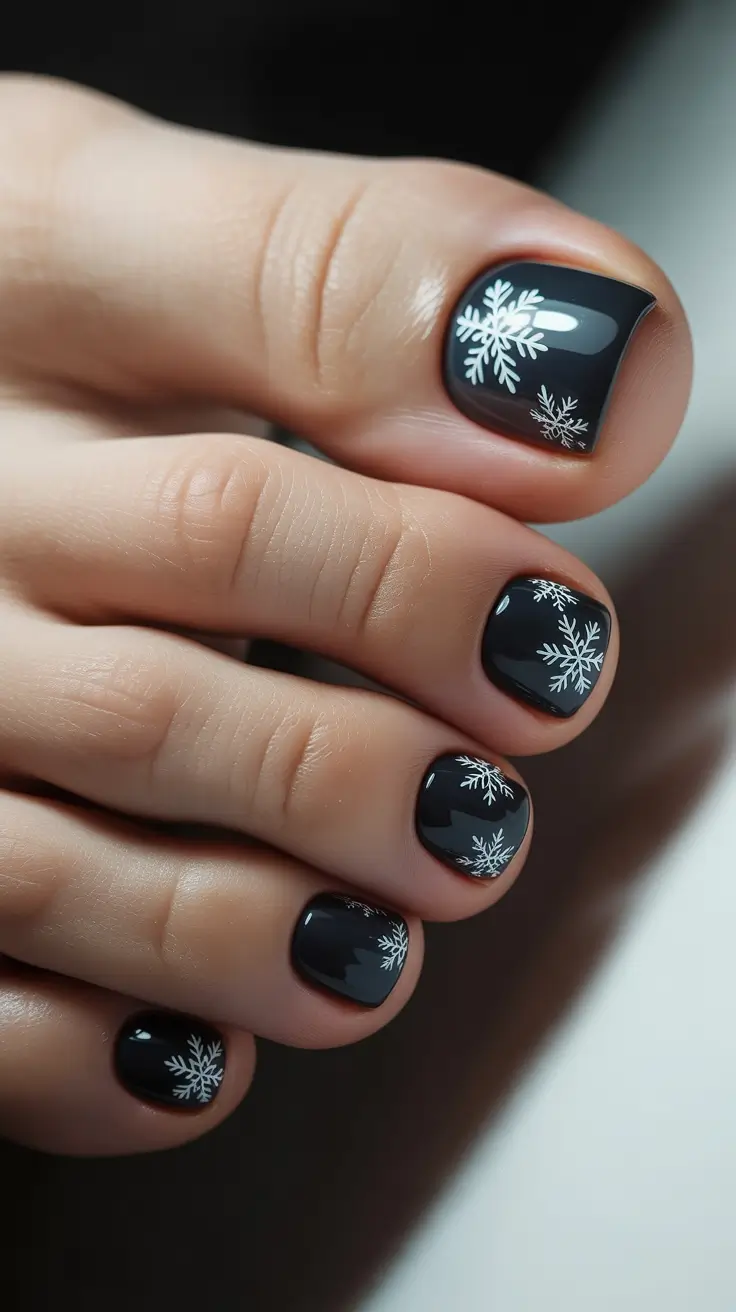 toe nails and color ideas: winter 2025 - 2026 - Midnight Snowflake Micro-Art