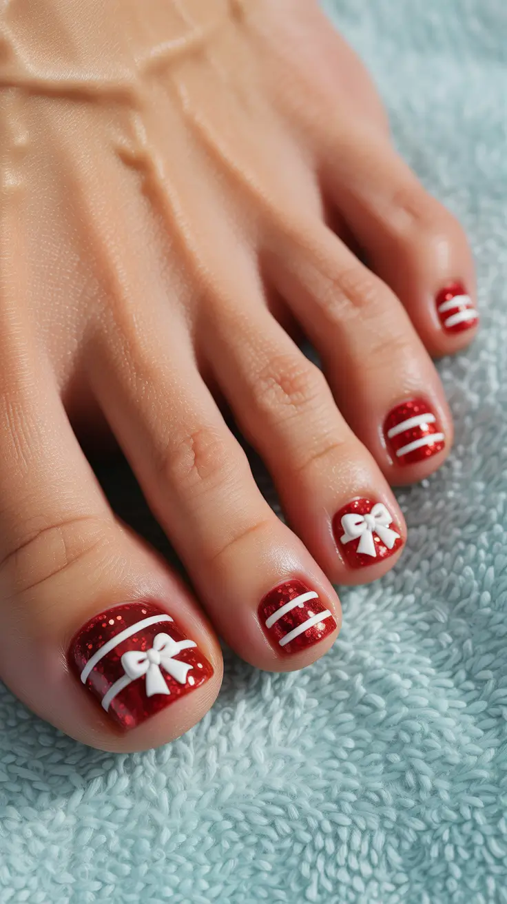 toe nails and color ideas: winter 2025 - 2026 - Gift-Wrap Red With Ribbon Stripes