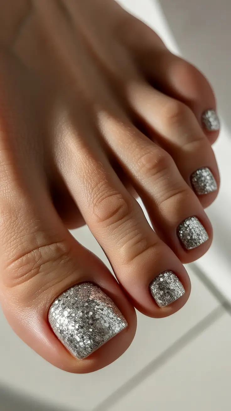 toe nails and color ideas: winter 2025 - 2026 - Molten Silver Micro-Glitter