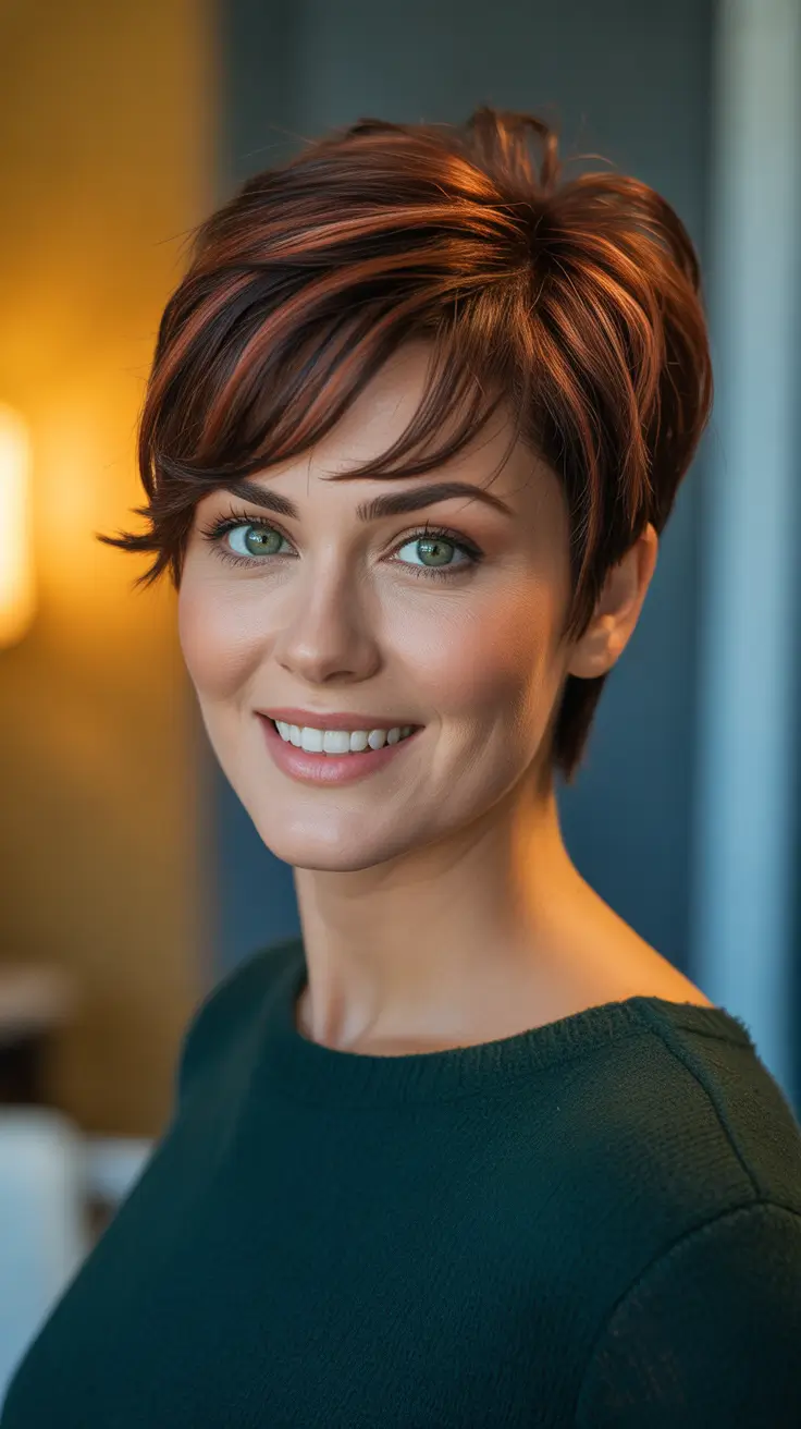 Warm auburn hair color 2026 with sunlit dimension - Soft Copper Pixie With Sunlit Layers