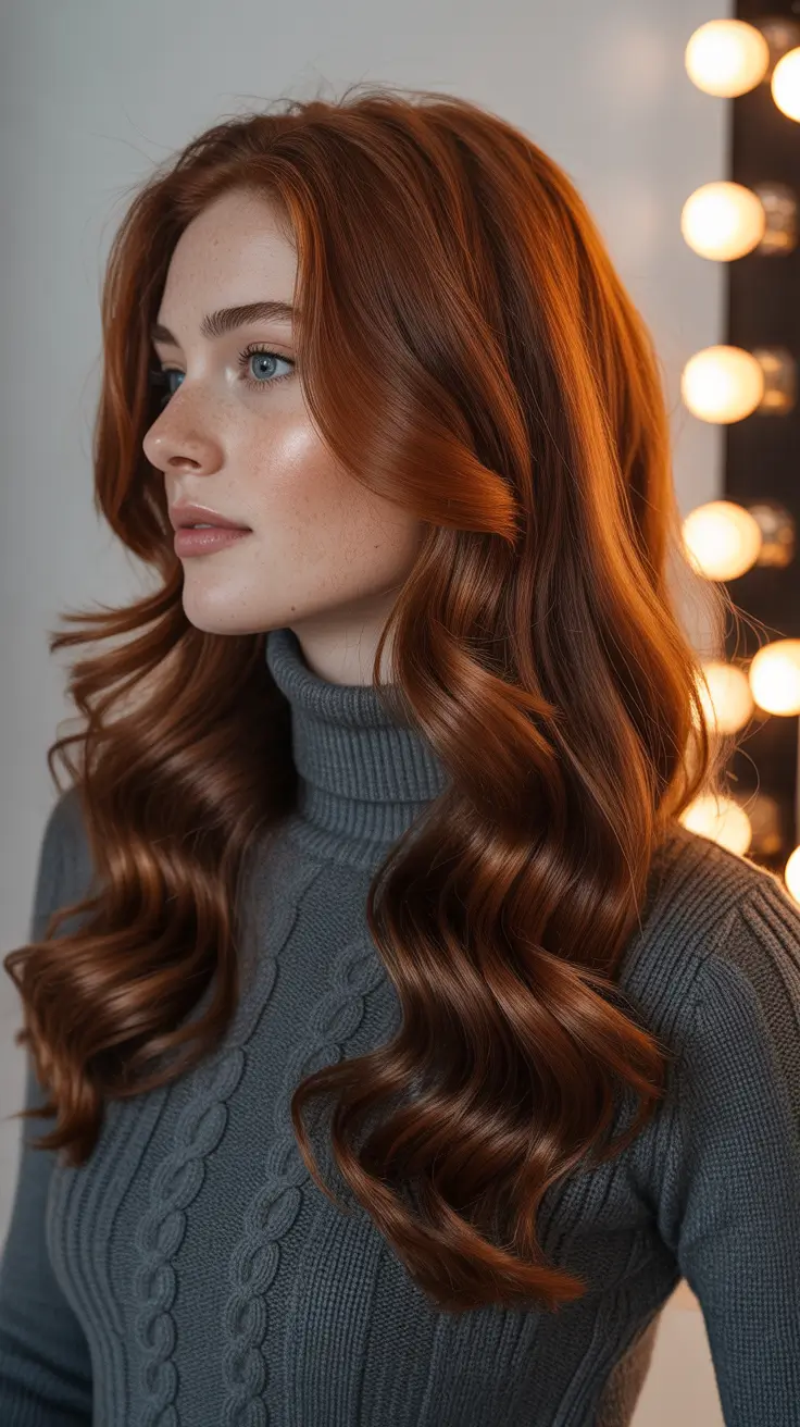 Warm auburn hair color 2026 with sunlit dimension - Rich Copper Waves With Classic Studio Shine