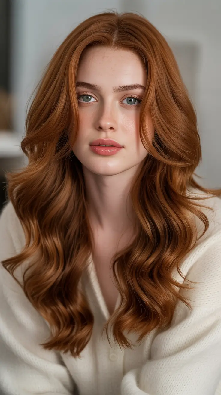 Warm auburn hair color 2026 with sunlit dimension - Medium Auburn Waves With Cozy Weekend Volume