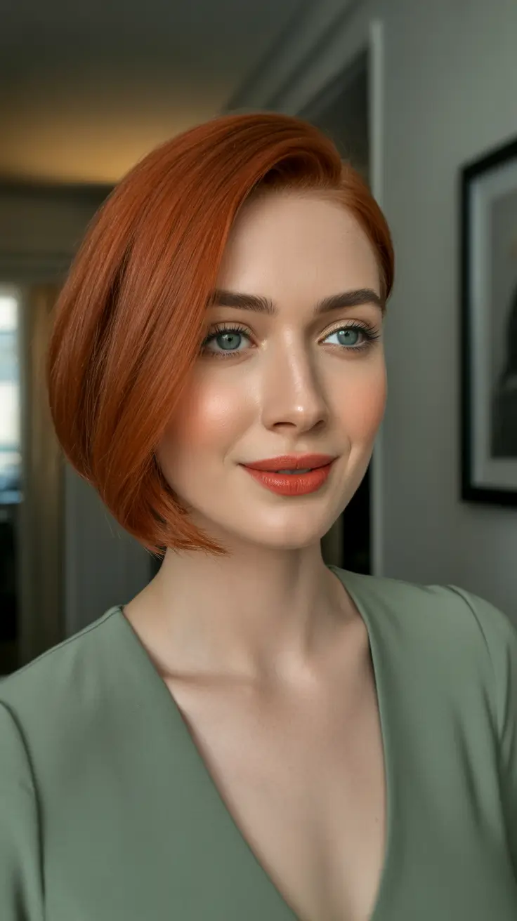Warm auburn hair color 2026 with sunlit dimension - Glossy Copper Angled Bob With Clean Lines