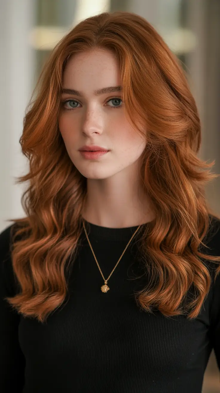 Warm auburn hair color 2026 with sunlit dimension - Soft Layered Auburn Waves With Face Framing Movement