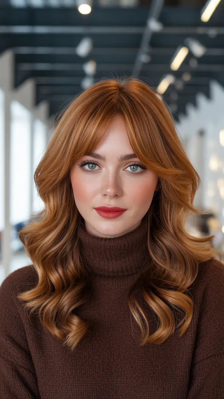 Warm auburn hair color 2026 with sunlit dimension - Warm Cinnamon Curtain Bangs With Polished Curls