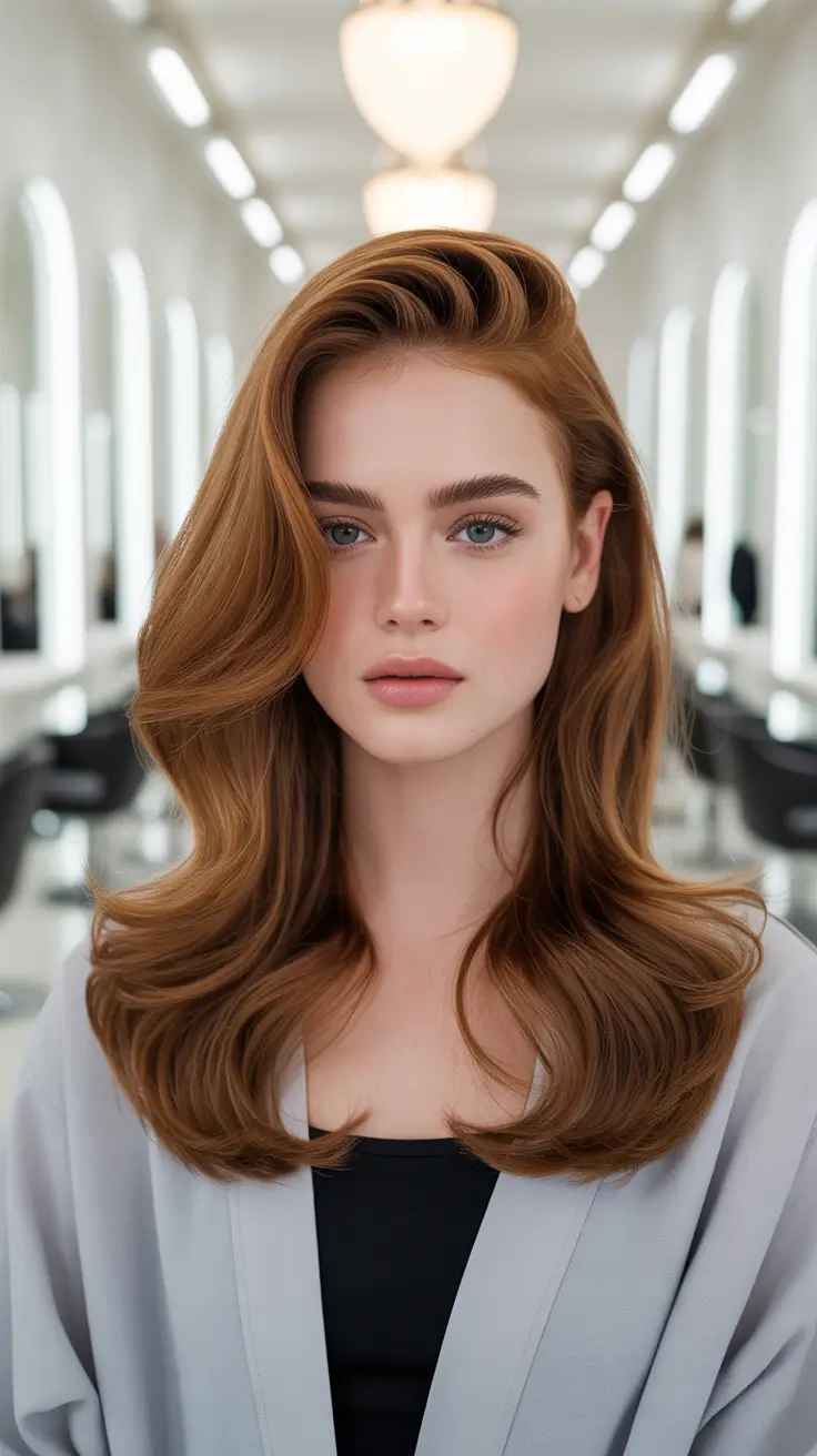 Warm auburn hair color 2026 with sunlit dimension - Salon Fresh Auburn Blowout With Subtle Balayage Glow
