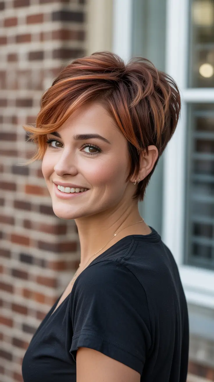 Warm auburn hair color 2026 with sunlit dimension - Tousled Auburn Pixie With Blonde Ember Highlights