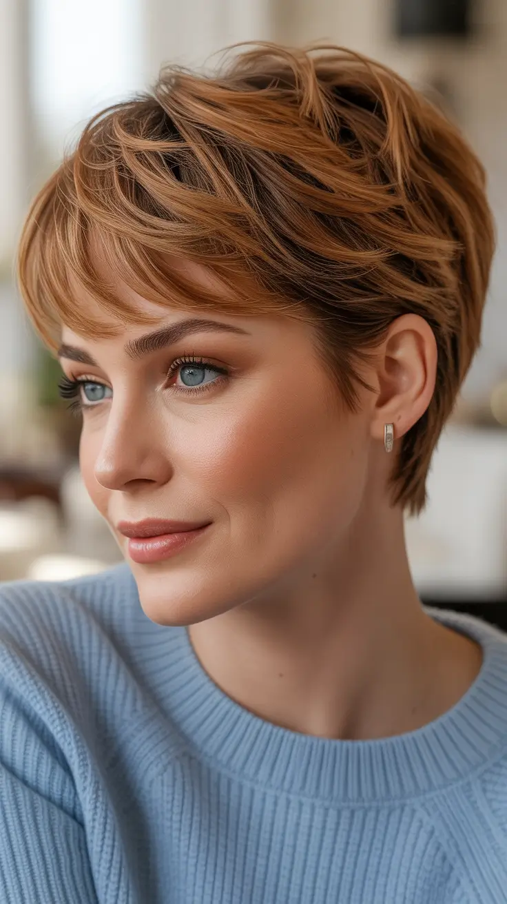 Warm auburn hair color 2026 with sunlit dimension - Sunlit Auburn Pixie With Soft Blonde Dimension