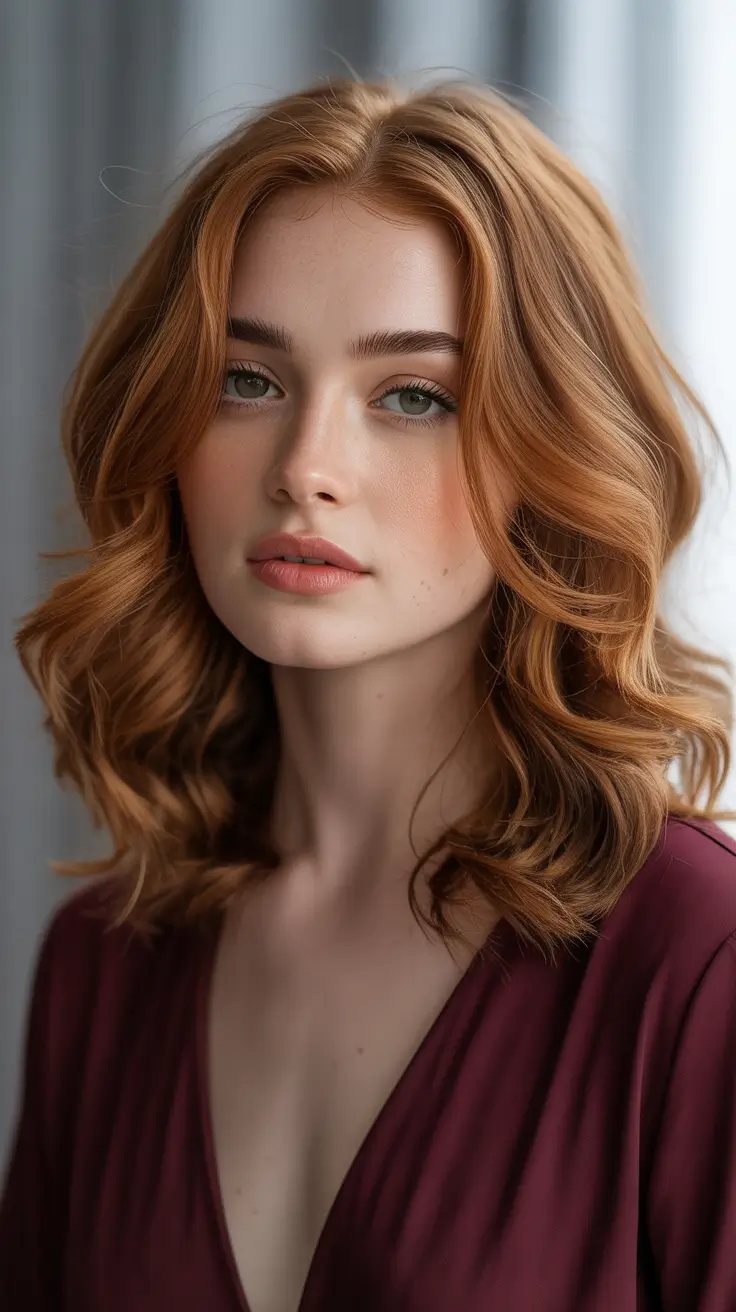 Warm auburn hair color 2026 with sunlit dimension - Soft Coppery Midi Waves With Airy Volume