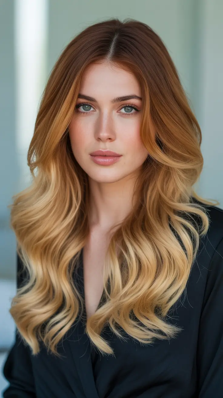 Warm auburn hair color 2026 with sunlit dimension - Soft Auburn Balayage Waves With Golden Ends